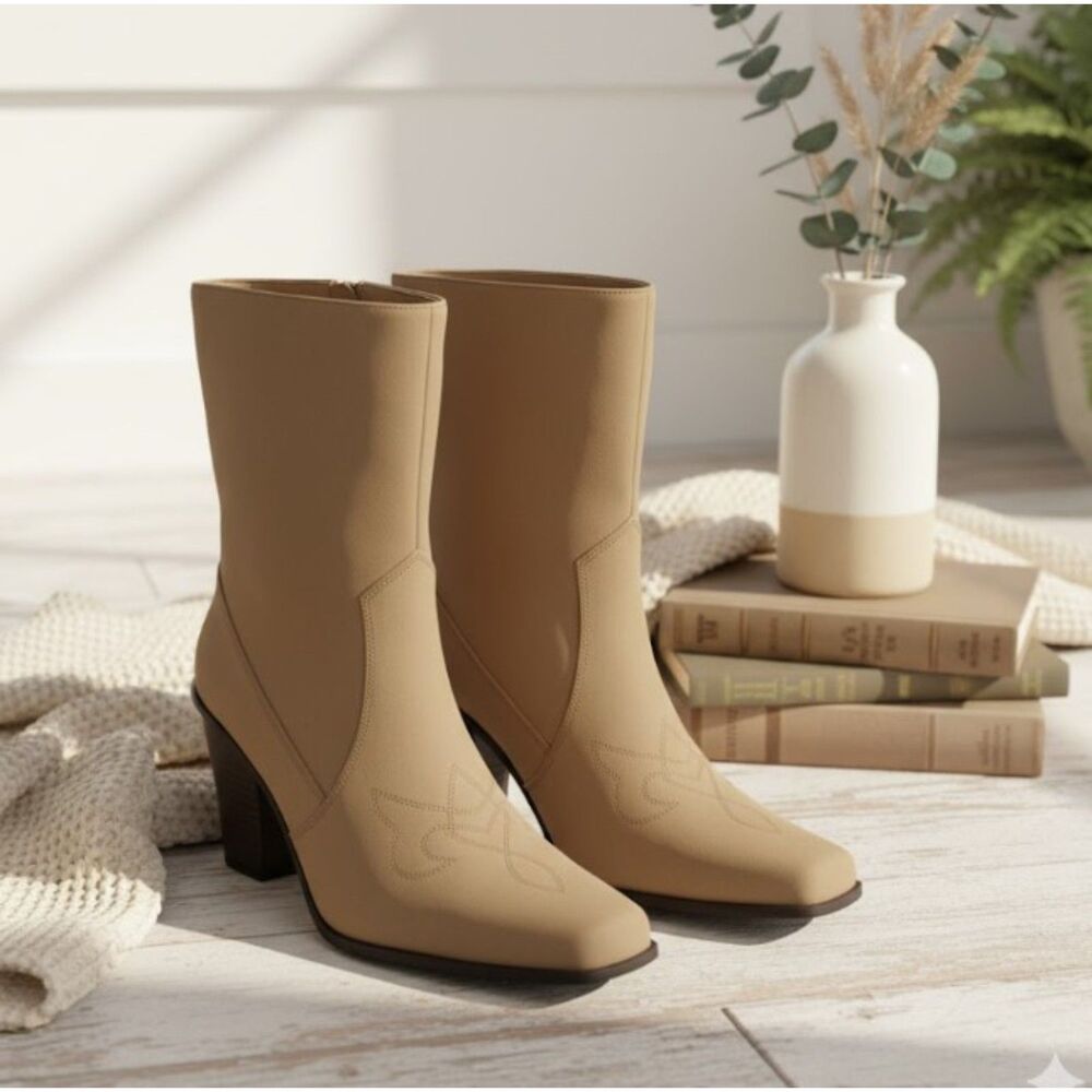 New York Transit Western Boots NWOB Tan Suede Ankle Chunky Heel Size 9M